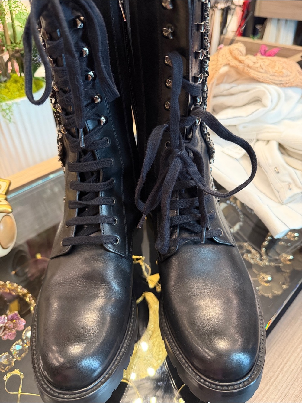Rene Caovilla Black Lace-Up Combat Boots with Crystal Trim - Picture 2 of 2